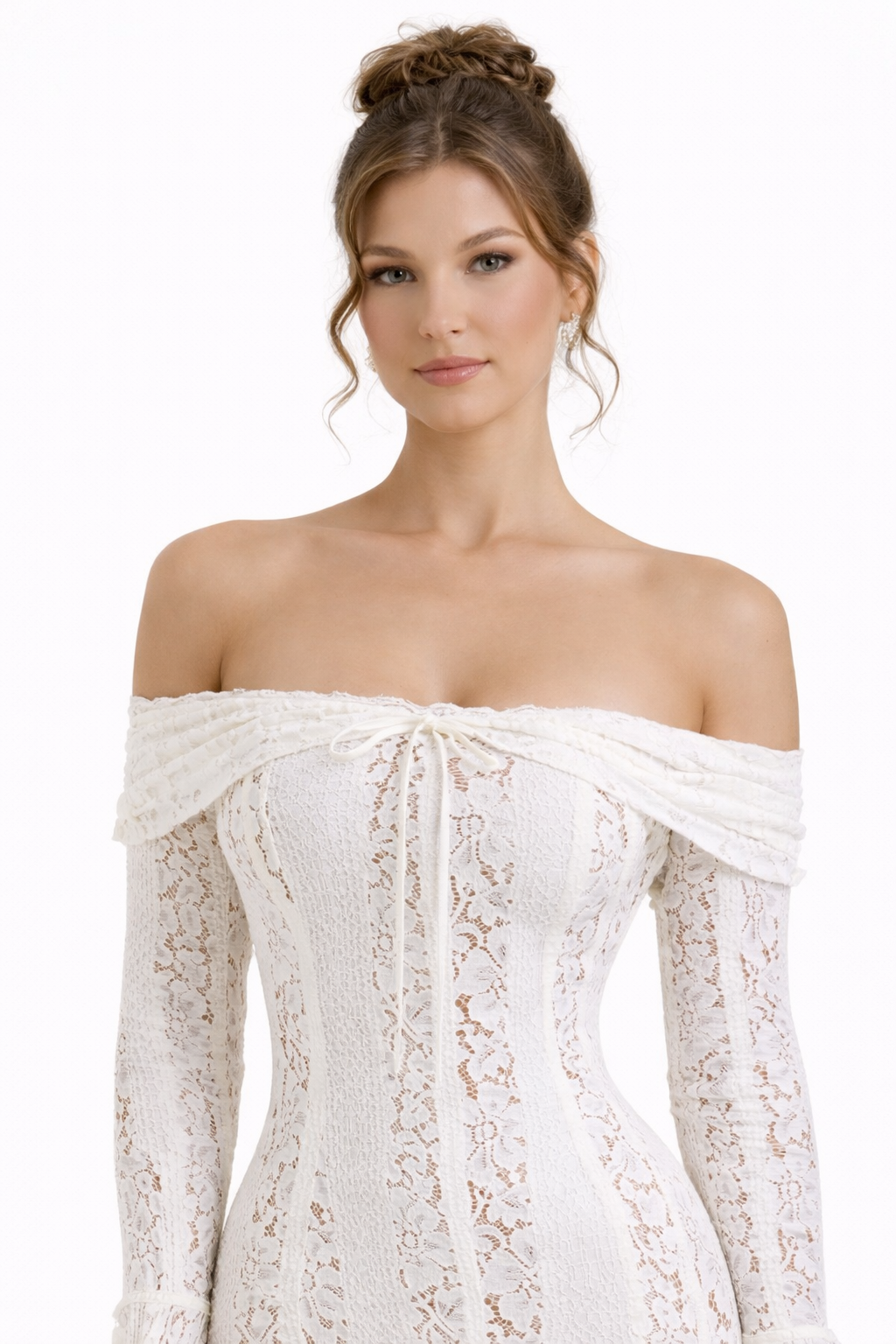 Women's Off Shoulder Maxi Dress with Fitted Lace Silhouette
