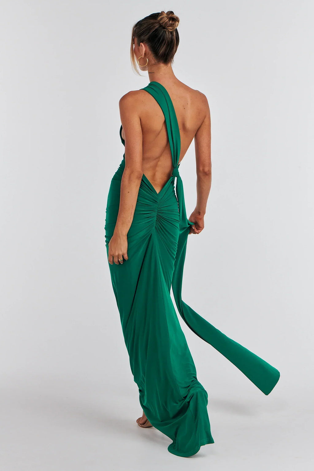 Women's Open Back Halter Column Maxi Dress with Train