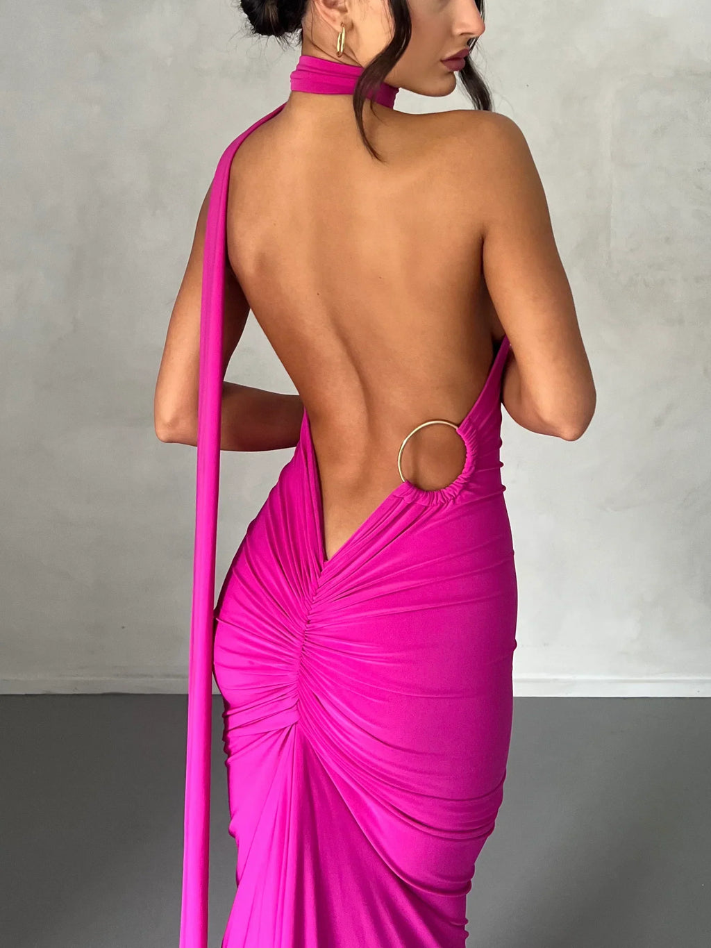 Women's Open Back Halter Column Maxi Dress with Train