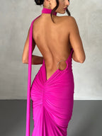 Women's Open Back Halter Column Maxi Dress with Train