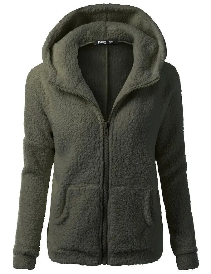 Women's Fleece Hooded Jacket – Full Zip Long Sleeve Winter Coat with Pockets