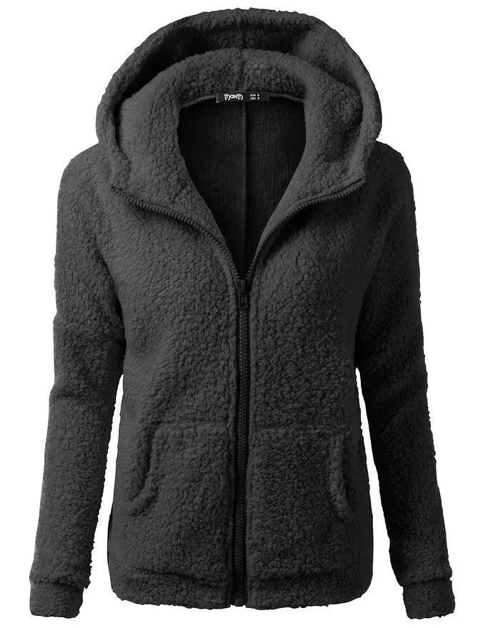 Women's Fleece Hooded Jacket – Full Zip Long Sleeve Winter Coat with Pockets