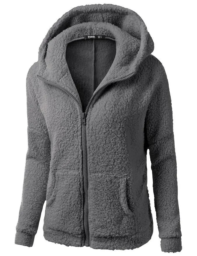 Women's Fleece Hooded Jacket – Full Zip Long Sleeve Winter Coat with Pockets