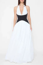 Women's Sleeveless Halter Maxi Dress with Plunge Neckline