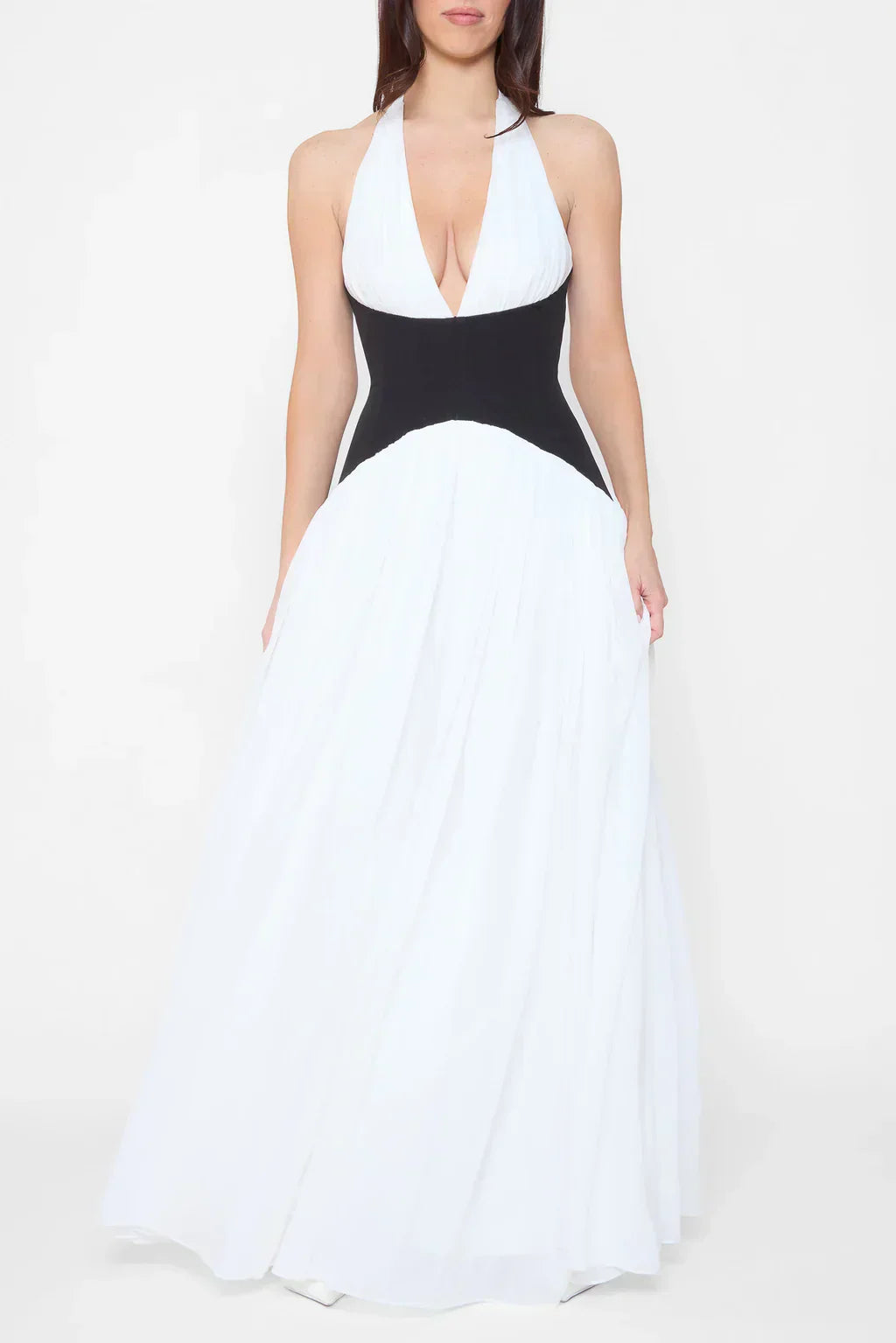 Women's Sleeveless Halter Maxi Dress with Plunge Neckline
