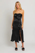 Strapless Ruffle Midi Dress With Side Slit