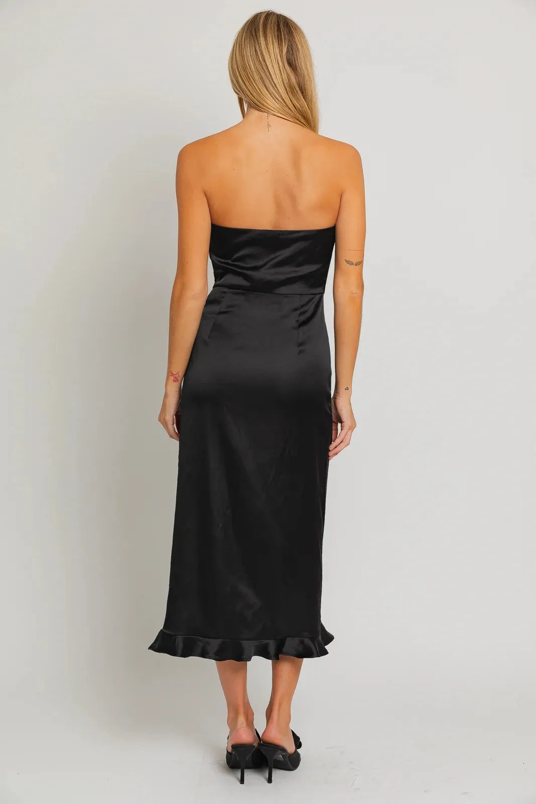 Strapless Ruffle Midi Dress With Side Slit