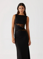 Women's Sleeveless Mesh Cutout Maxi Dress with Fitted Silhouette