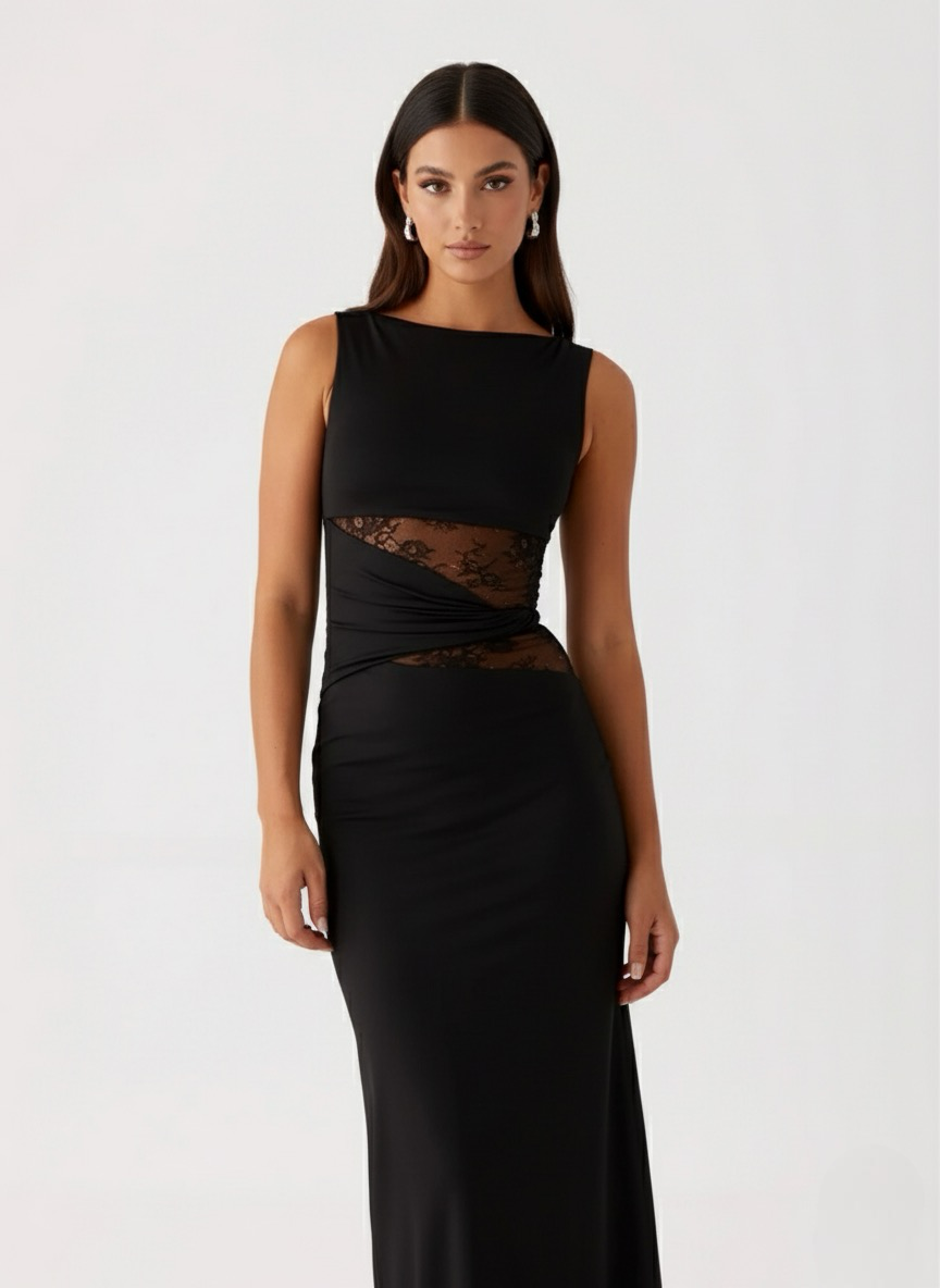 Women's Sleeveless Mesh Cutout Maxi Dress with Fitted Silhouette