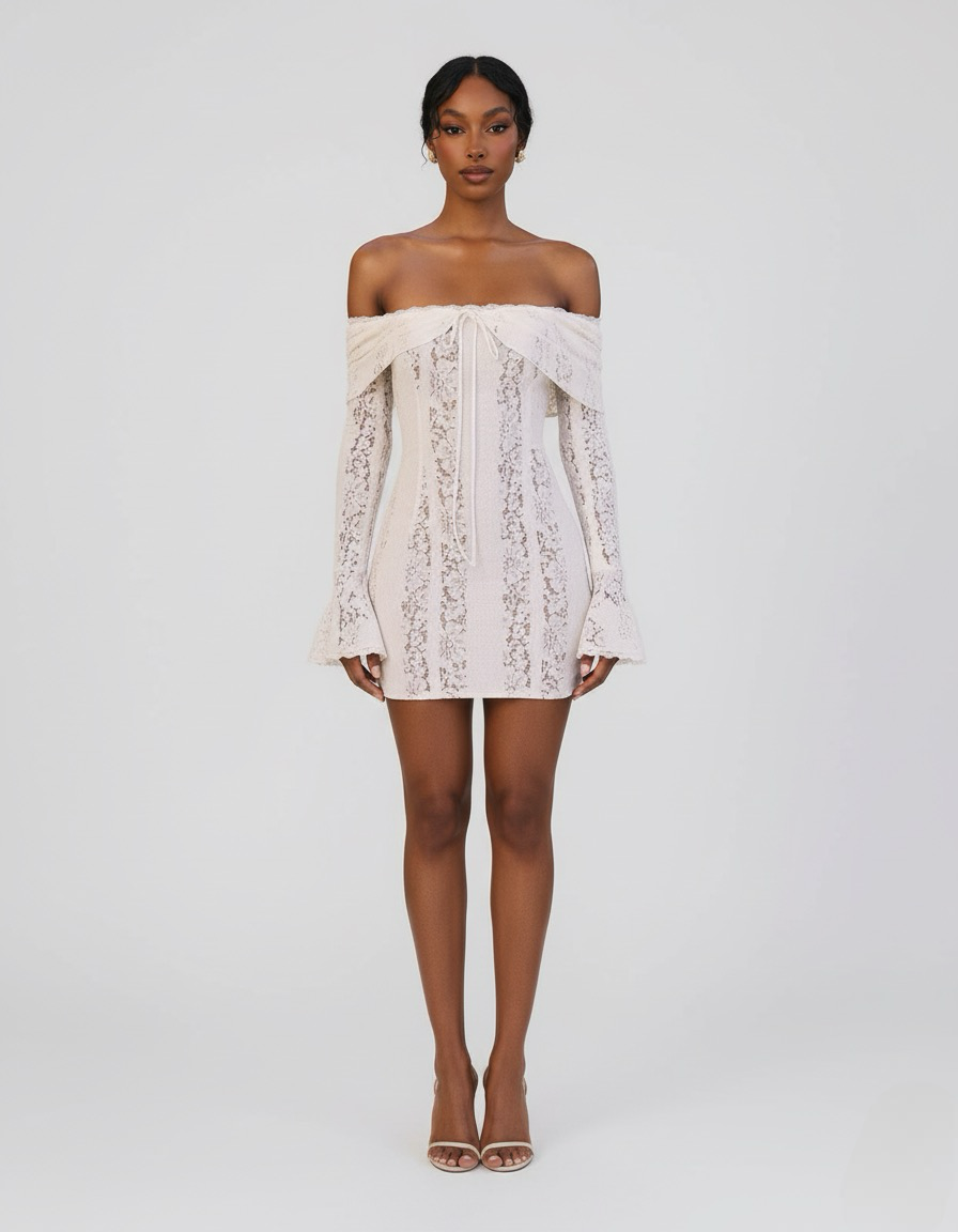 Off Shoulder Lace Fitted Mini Dress Design