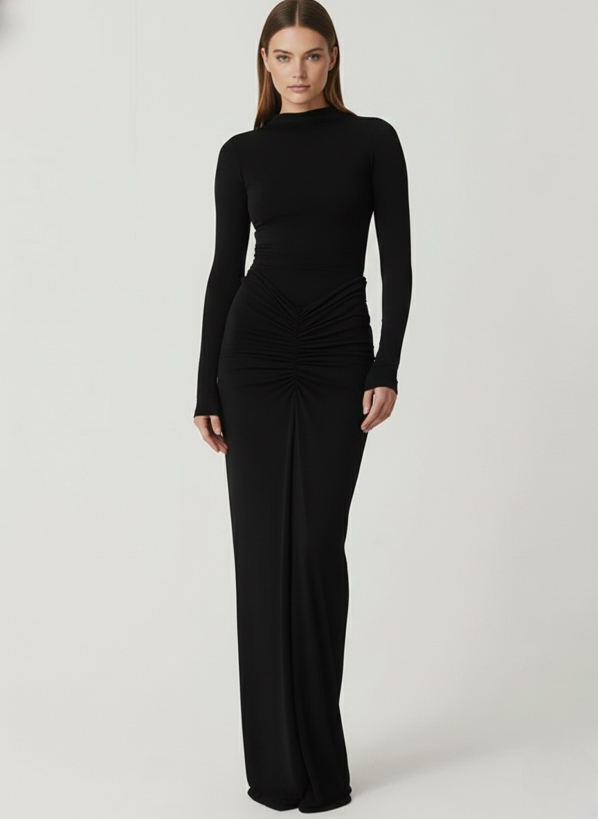 Women's Long Sleeve Fitted Maxi Dress with Gathered Waist Detail Main image