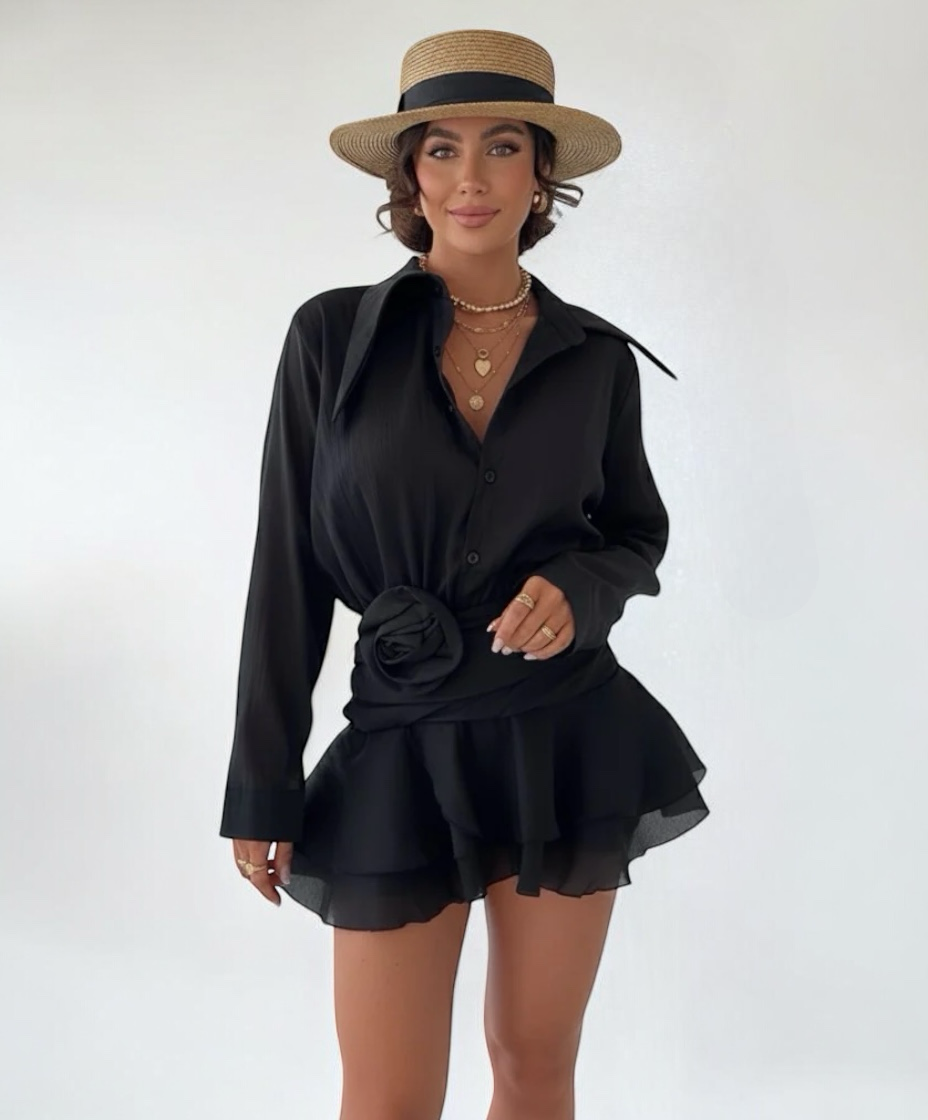 Collared Long Sleeve Mini Dress With Belt