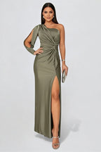 Women's One Shoulder Maxi Dress Long Sleeve High Side Slit