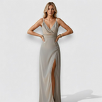 Women's Sleeveless Maxi Dress V Neck High Side Slit Design