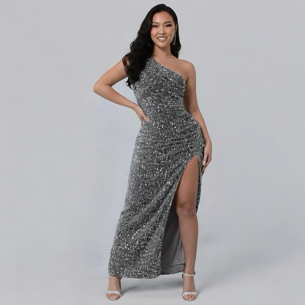 Women's Sequin Maxi Dress with One Shoulder Neckline and Split