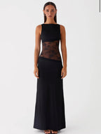 Women's Open Back Maxi Dress with Sleeveless Lace Design