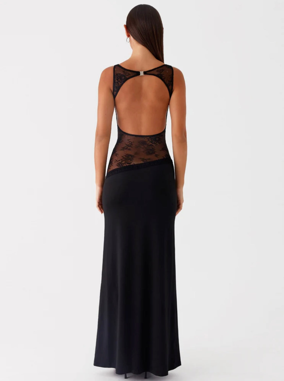 Women's Open Back Maxi Dress with Sleeveless Lace Design