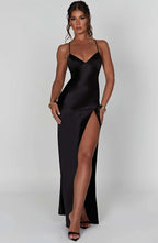 Women's Open Back Maxi Dress with Side Split and Cowl Neck