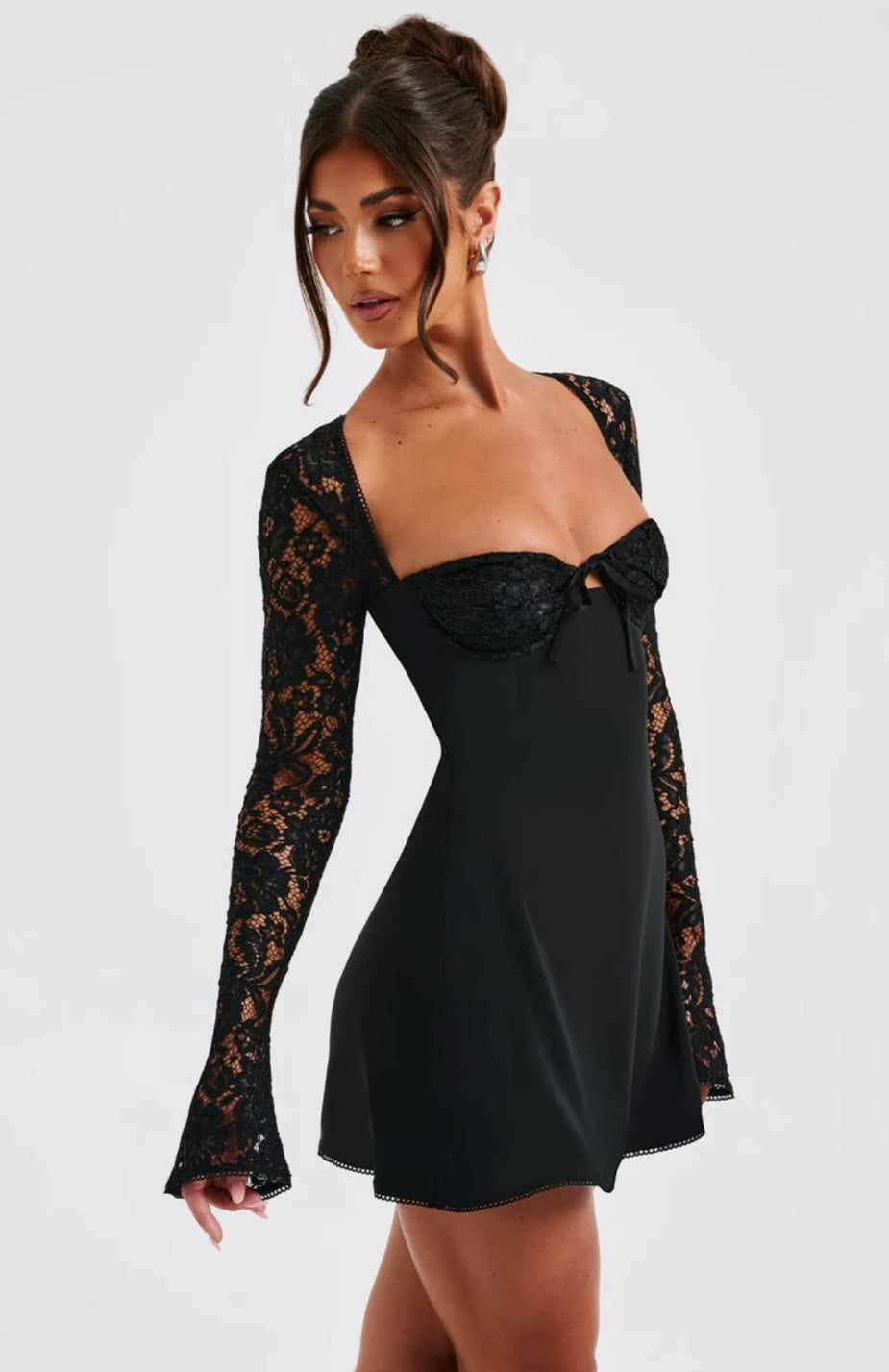 Sweetheart Neck Lace Sleeve Mini Dress