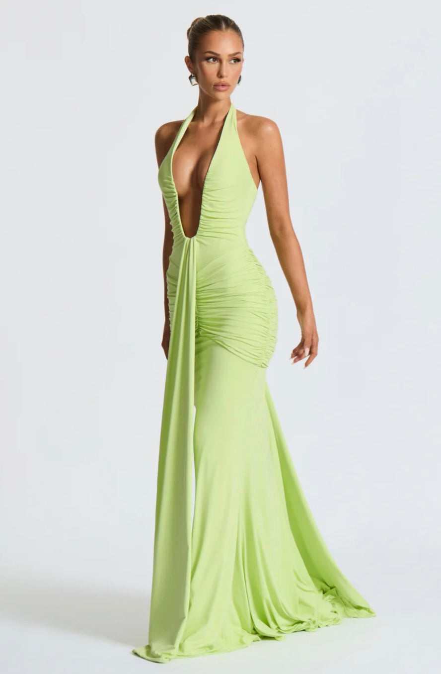 Women's Deep V Halter Neck Maxi Dress Fitted Mermaid Hem