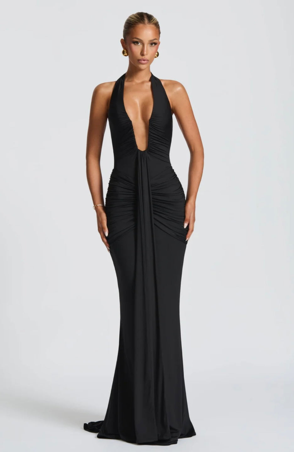 Women's Deep V Halter Neck Maxi Dress Fitted Mermaid Hem