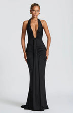 Women's Deep V Halter Neck Maxi Dress Fitted Mermaid Hem