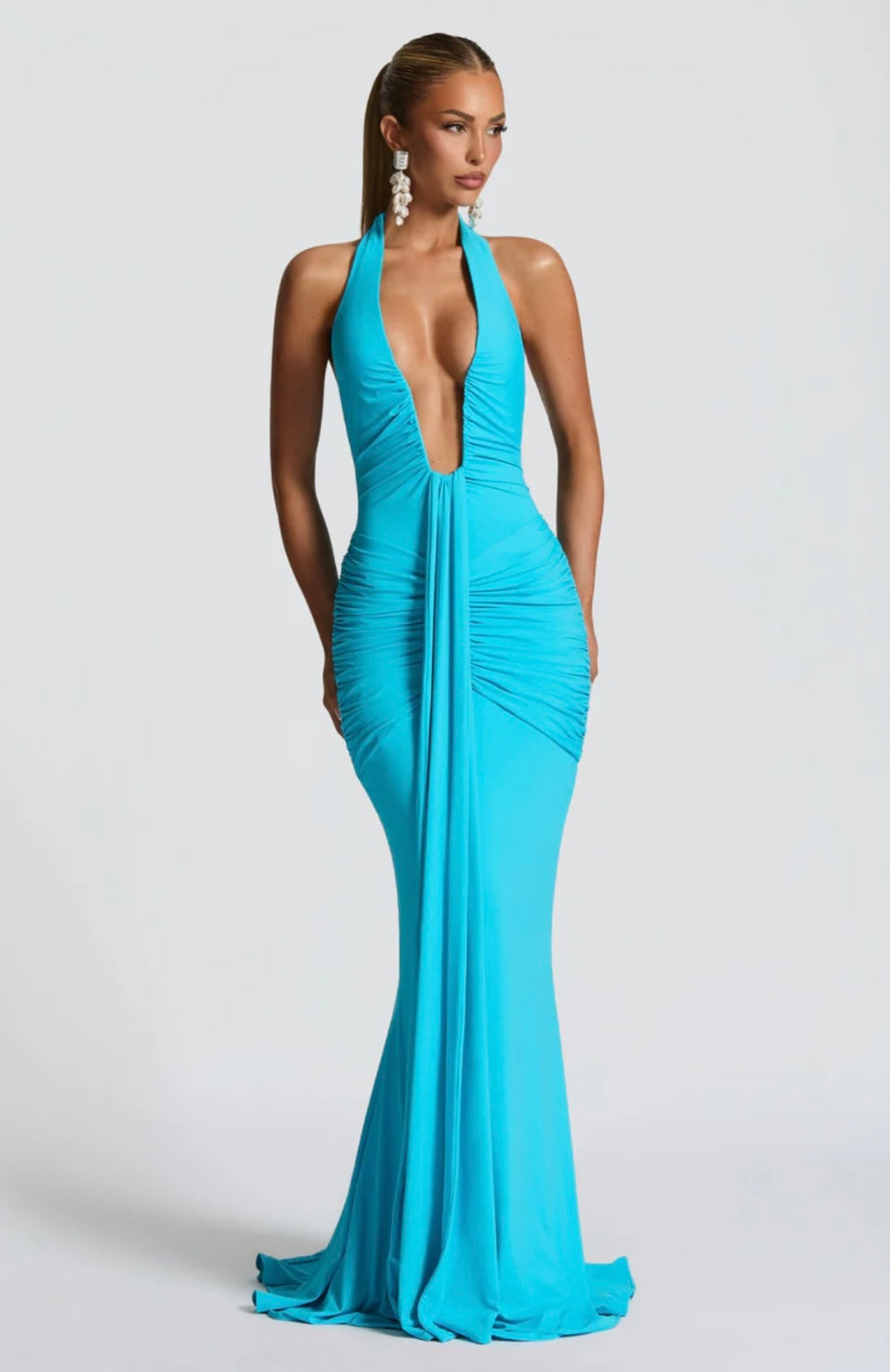 Women's Deep V Halter Neck Maxi Dress Fitted Mermaid Hem