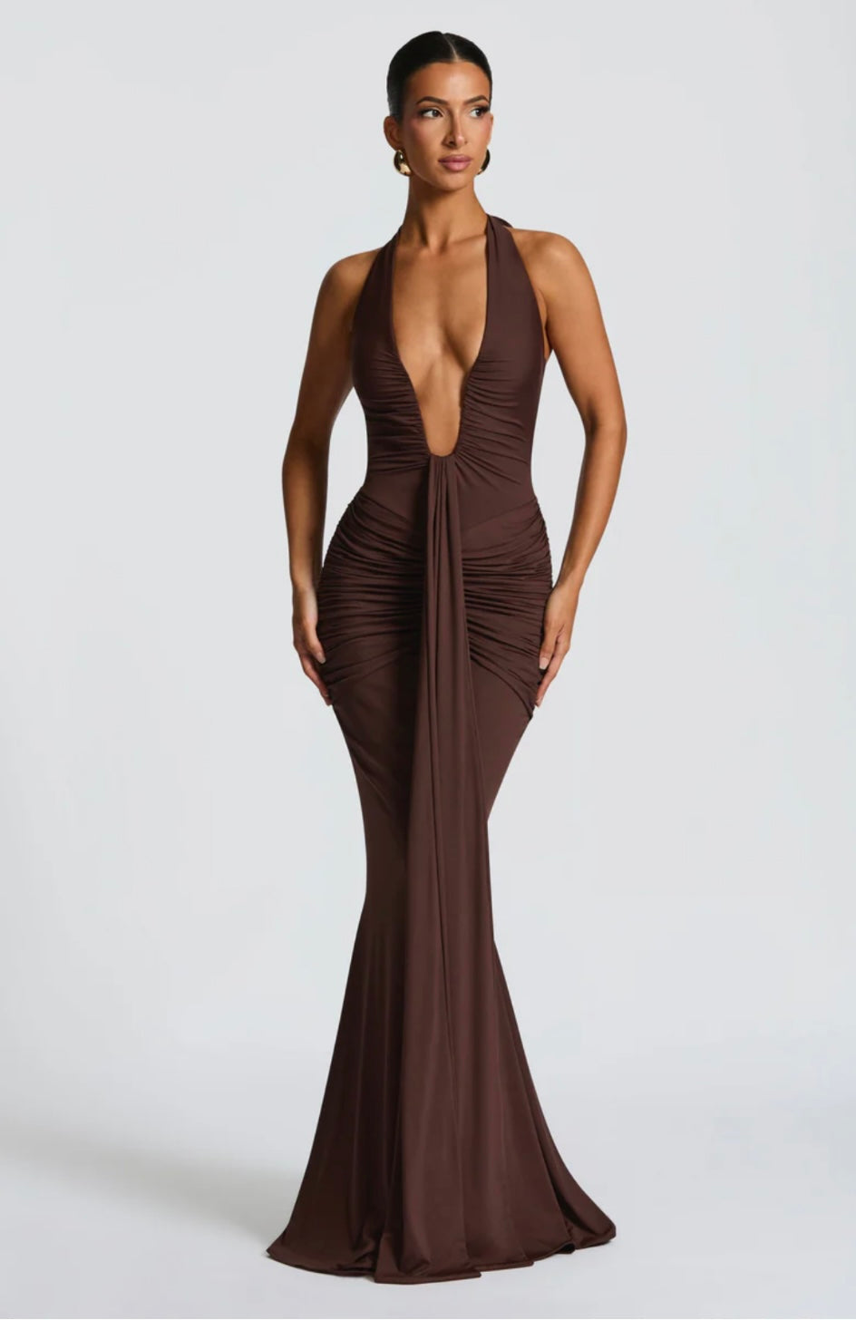 Women's Deep V Halter Neck Maxi Dress Fitted Mermaid Hem