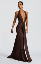Women's Deep V Halter Neck Maxi Dress Fitted Mermaid Hem