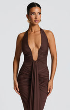 Women's Deep V Halter Neck Maxi Dress Fitted Mermaid Hem