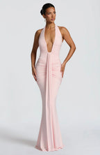 Women's Deep V Halter Neck Maxi Dress Fitted Mermaid Hem