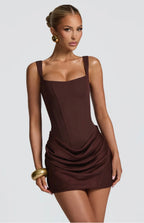 Square Neck Ruched Mini Dress With Straps