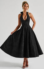 Plunge Neck Sleeveless Full Skirt Dress