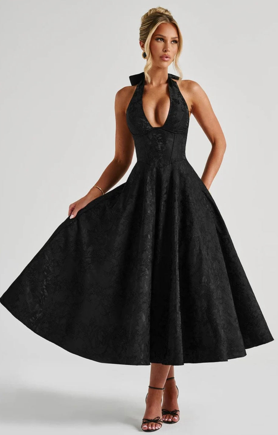 Plunge Neck Sleeveless Full Skirt Dress