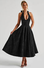 Plunge Neck Sleeveless Full Skirt Dress
