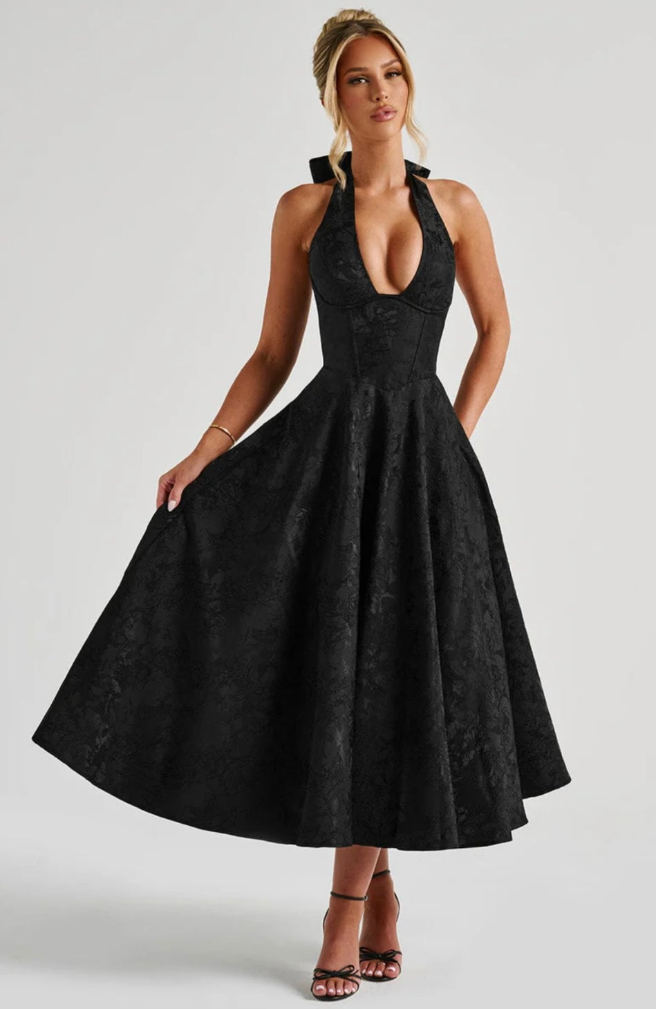 Plunge Neck Sleeveless Full Skirt Dress