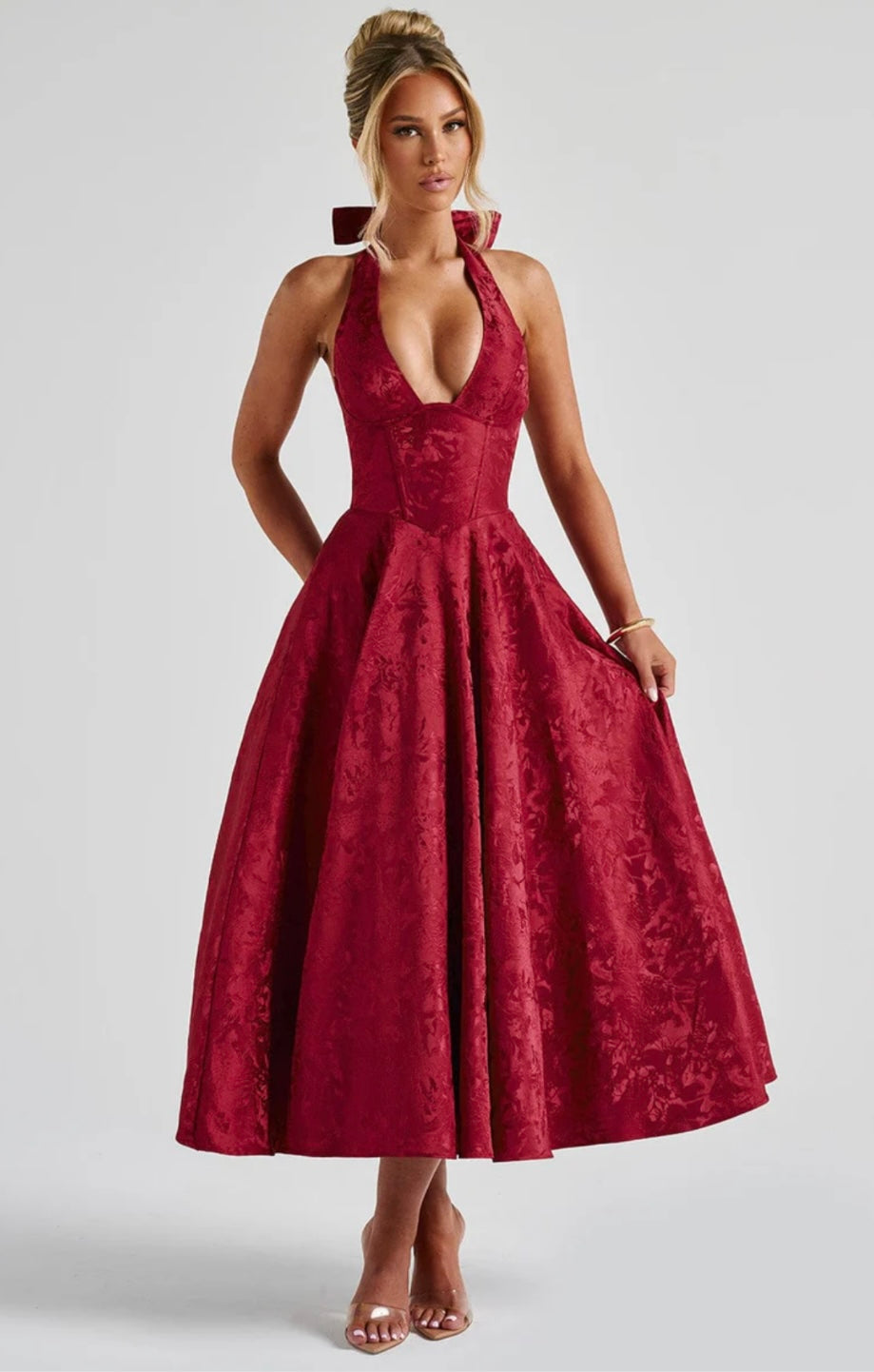 Plunge Neck Sleeveless Full Skirt Dress