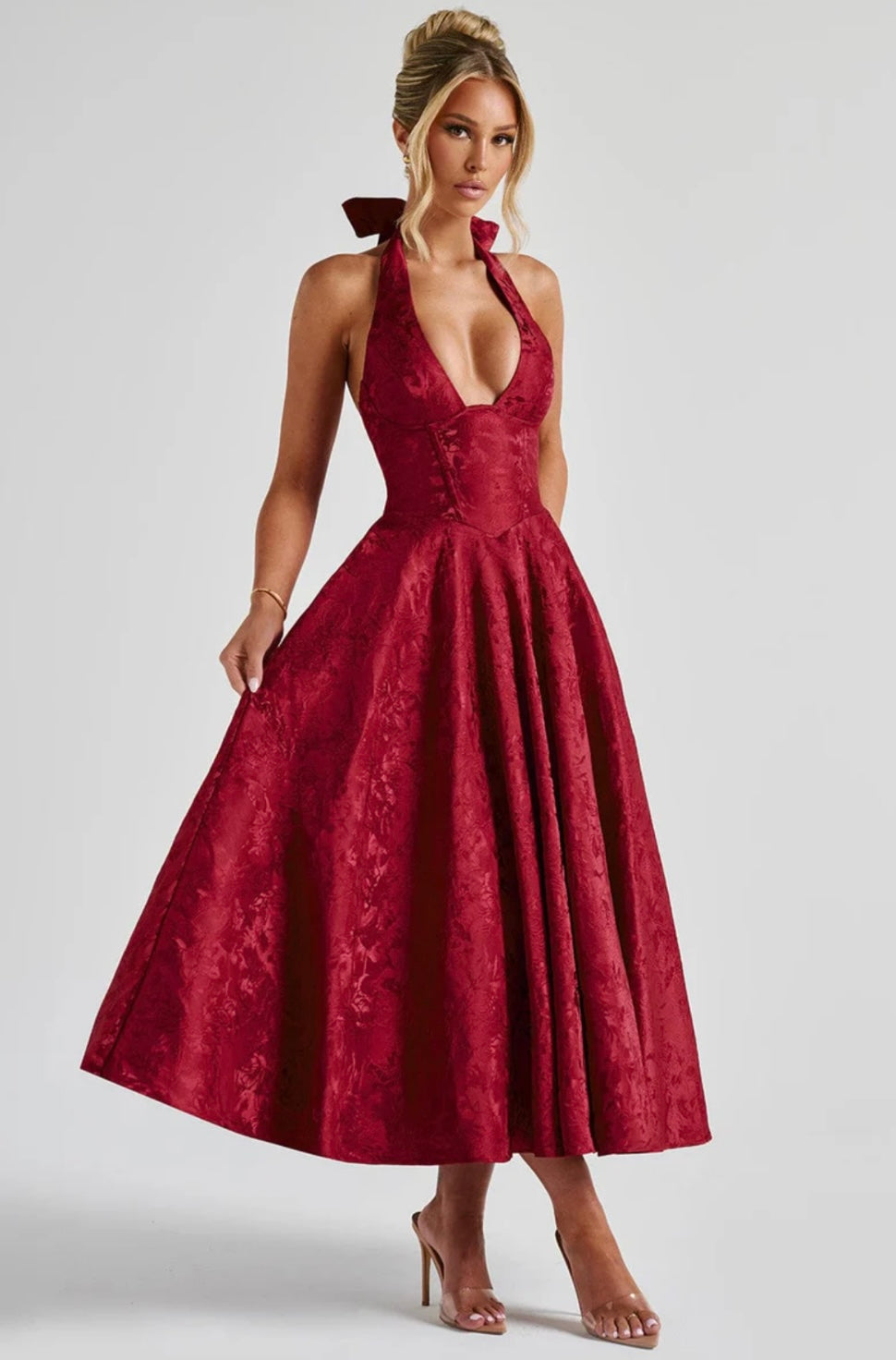 Plunge Neck Sleeveless Full Skirt Dress