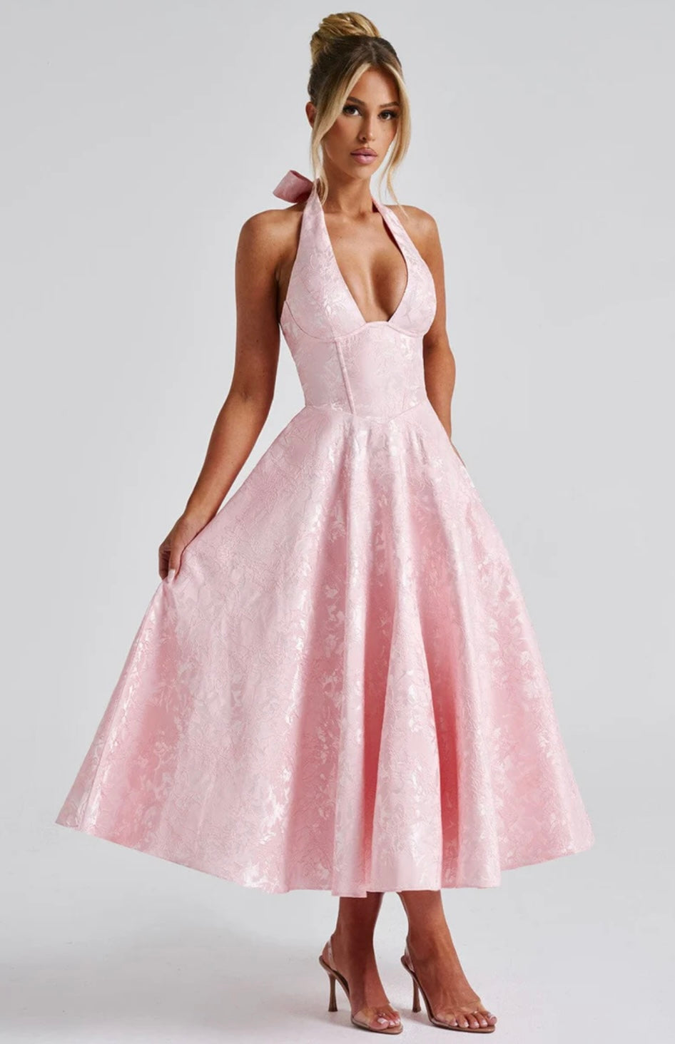 Plunge Neck Sleeveless Full Skirt Dress