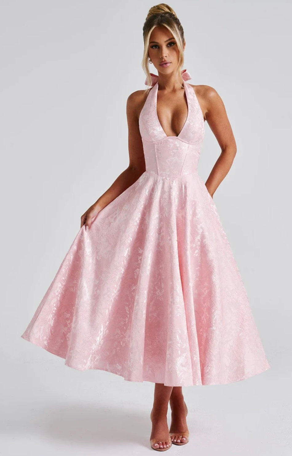 Plunge Neck Sleeveless Full Skirt Dress