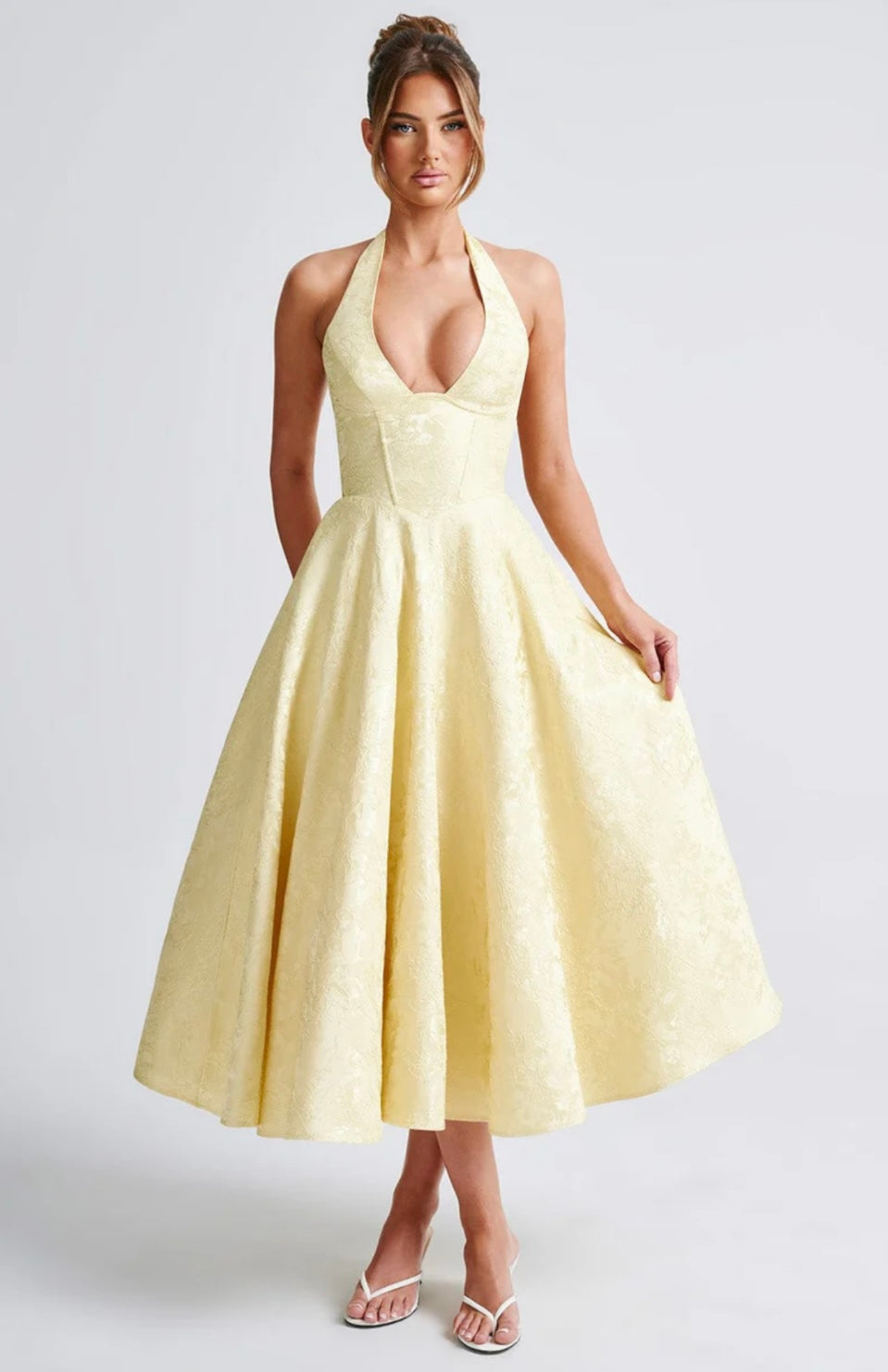 Plunge Neck Sleeveless Full Skirt Dress