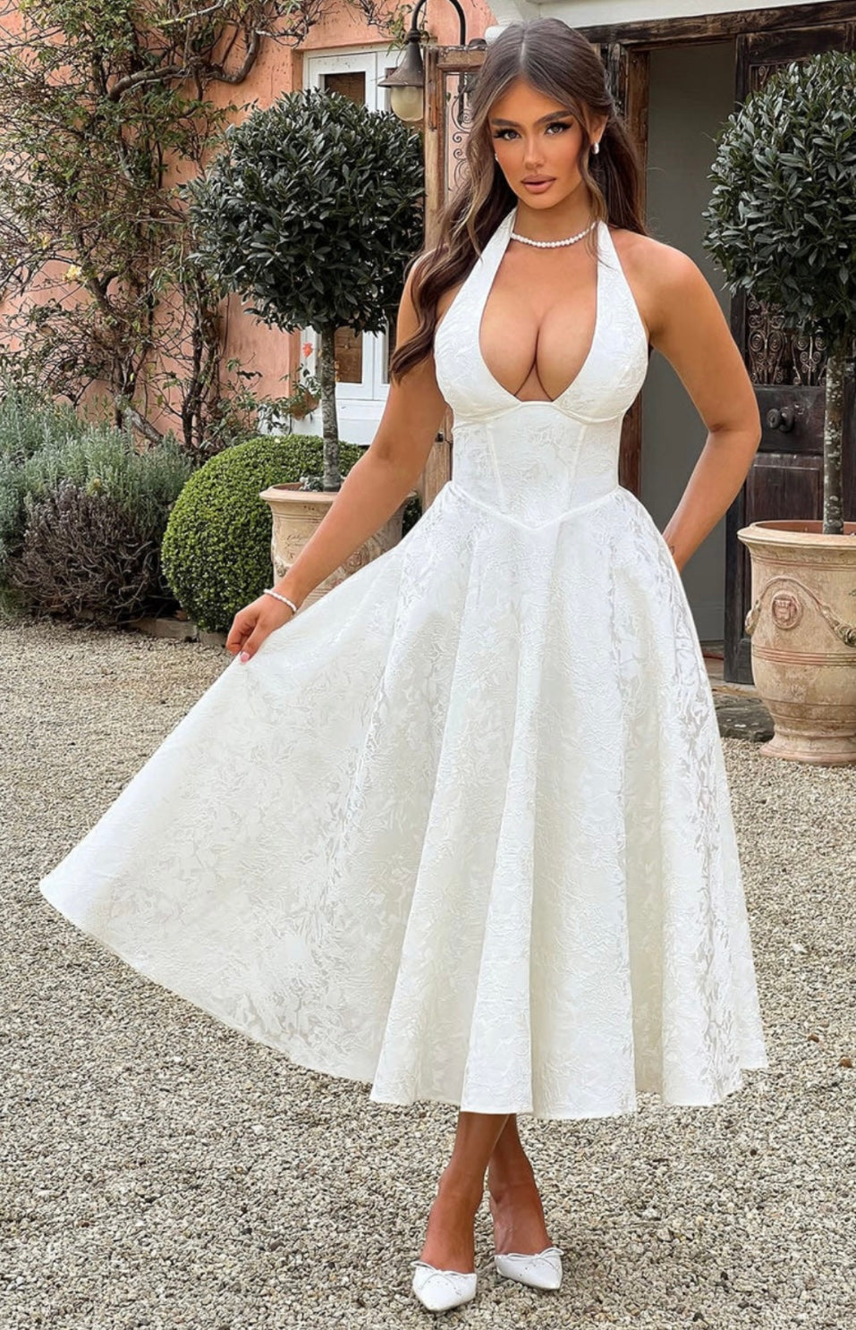 Plunge Neck Sleeveless Full Skirt Dress