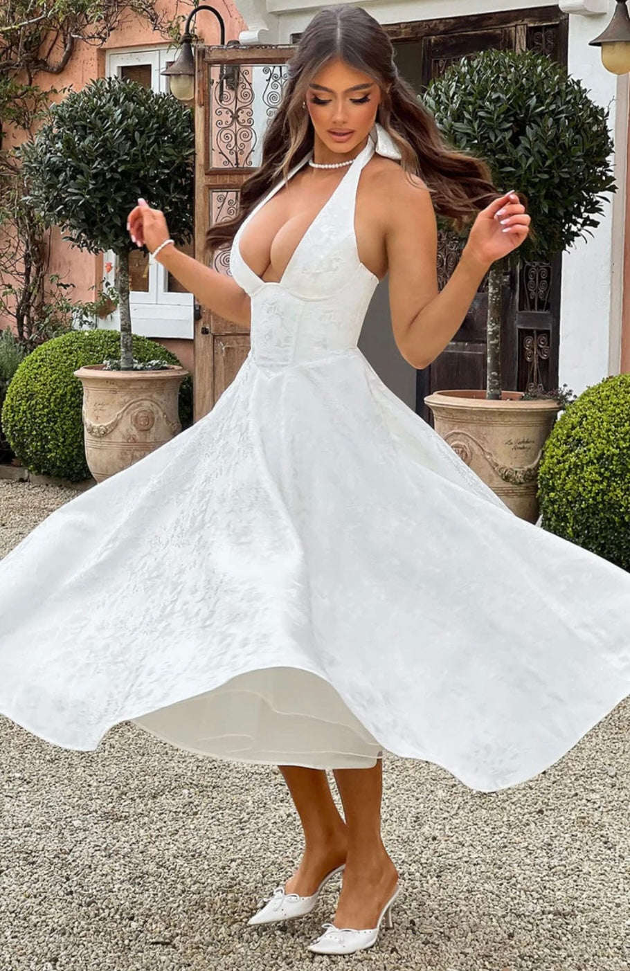 Plunge Neck Sleeveless Full Skirt Dress