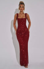 Women's Square Neck Sequin Maxi Dress with Open Back Design