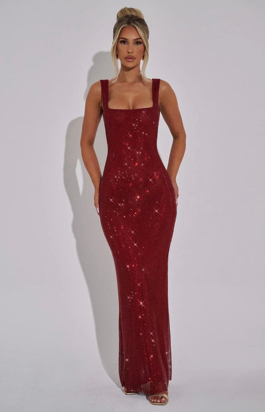 Women's Square Neck Sequin Maxi Dress with Open Back Design