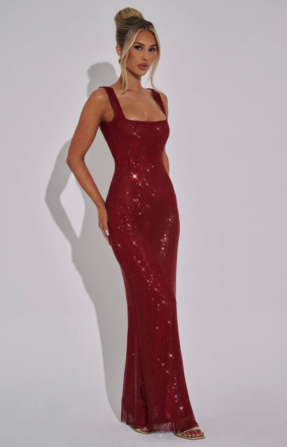 Women's Square Neck Sequin Maxi Dress with Open Back Design