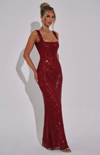 Women's Square Neck Sequin Maxi Dress with Open Back Design