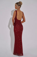 Women's Bodycon Maxi Dress Wide Straps Scoop Back Sequin Detail