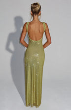 Women's Square Neck Sequin Maxi Dress with Open Back Design