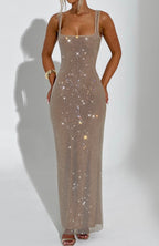Women's Square Neck Sequin Maxi Dress with Open Back Design